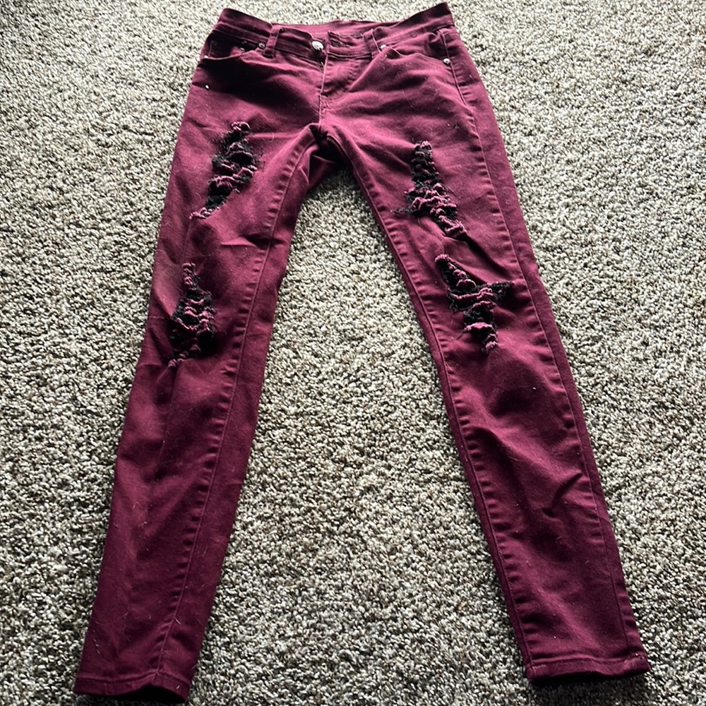 Size 4 Burgundy and black ripped skinny jeans